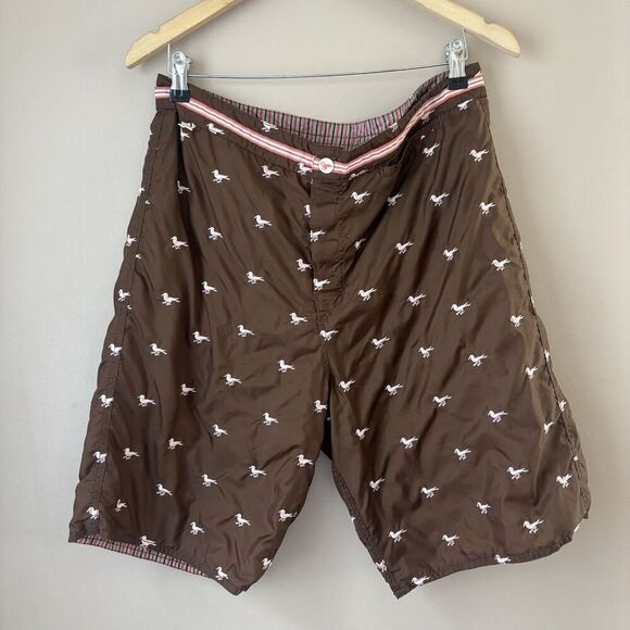 Men’s Reversible Swim Shorts, Size 34, Brown Striped / Pink Bird Print - Picture 8 of 11